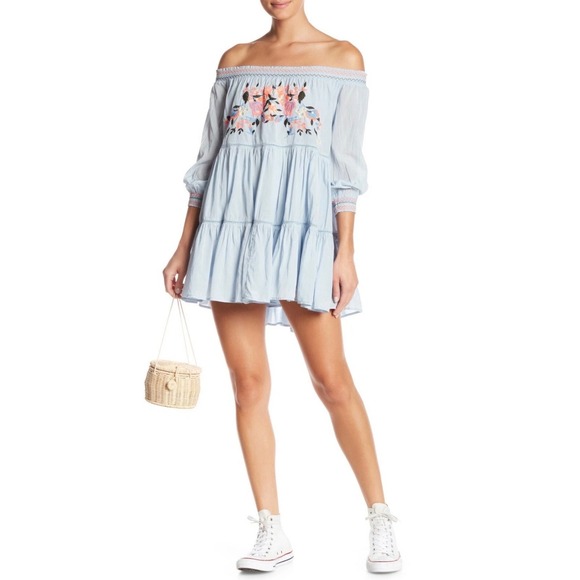 Free People Dresses & Skirts - Free People Sunbeams Embroidered Off Shoulder Mini Dress Boho Blue Small